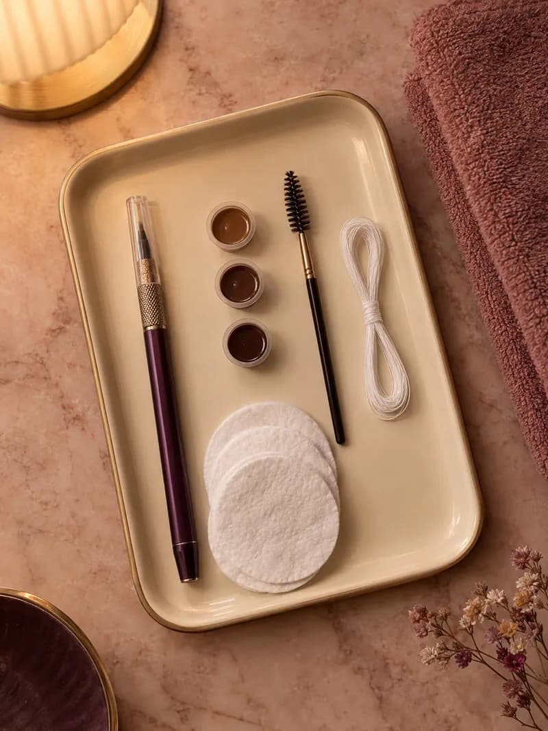 Utensílios de micropigmentação de sobrancelhas num tabuleiro creme