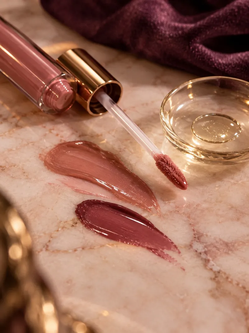 Gloss rosado e amostras de pigmento sobre mármore